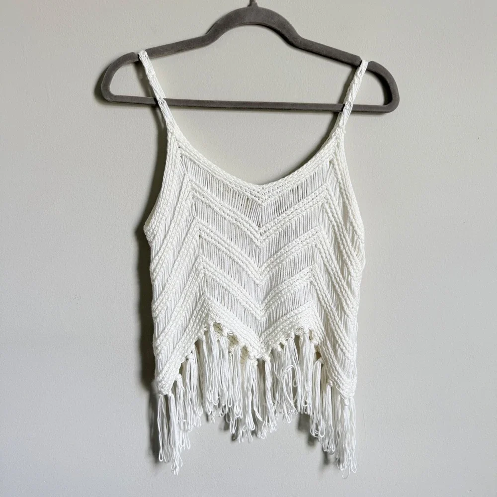 New In White Crochet Fringe Cami Tank Top Chevron Knit Festival Boho Small NWT - Picture 1 of 3